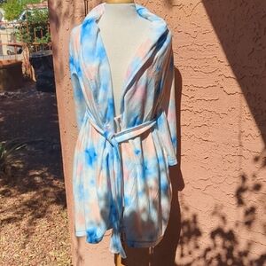 Jane and Bleecker Blue and Peach Plush Tie-Waist Jacket